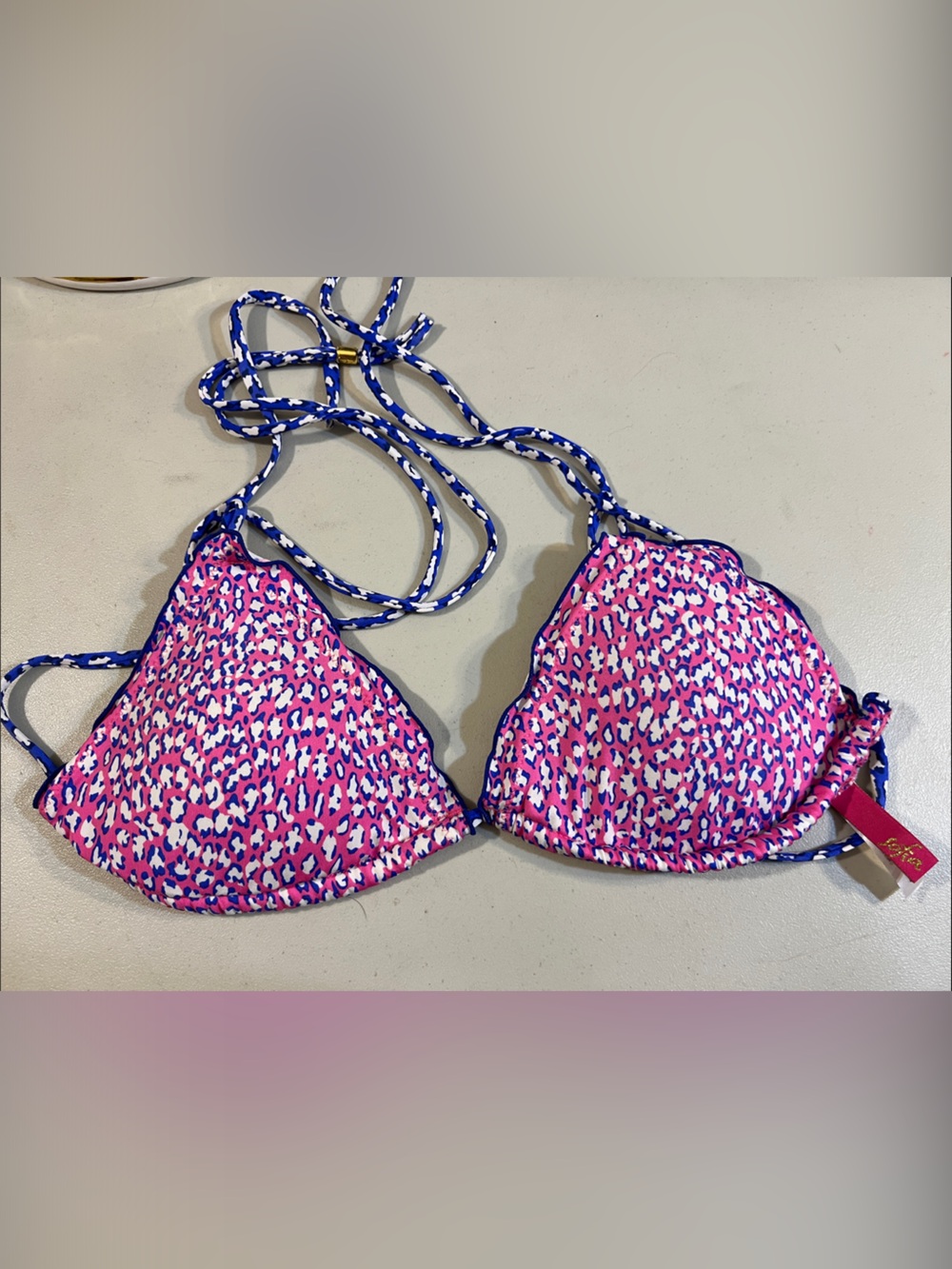 Pink Leopard Print Triangle Bikini Top with Navy Trim